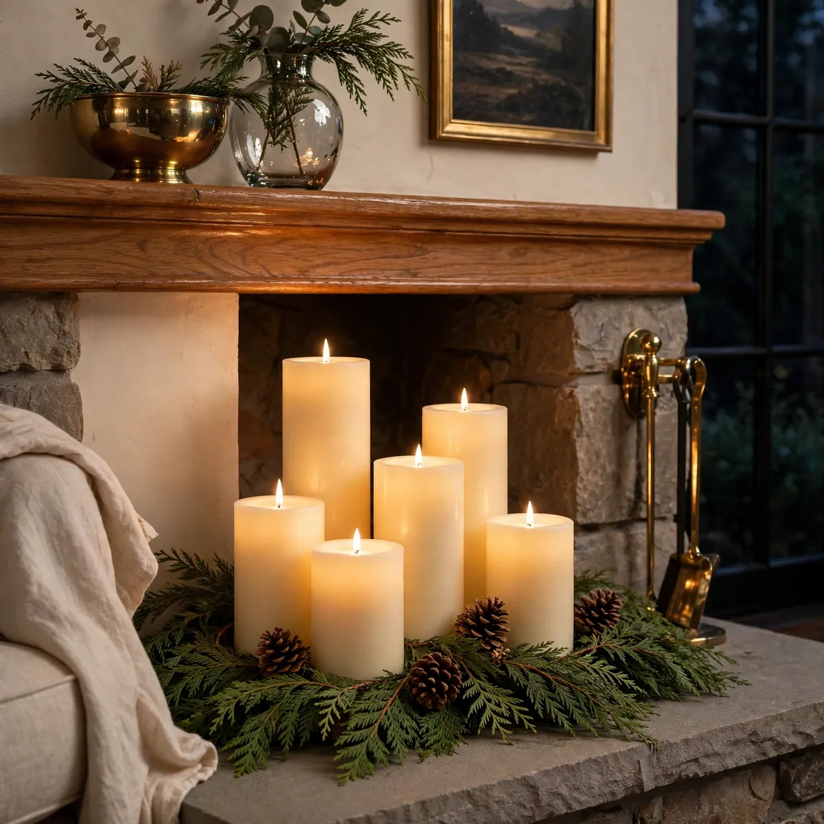 25 Christmas Living Room Decor Ideas for a Magical Holiday Home christmas living room decor ideas: Cluster Candles by the Fireplace