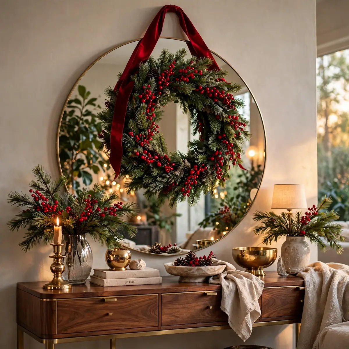 25 Christmas Living Room Decor Ideas for a Magical Holiday Home christmas living room decor ideas: Hang a Wreath Over the Mirror