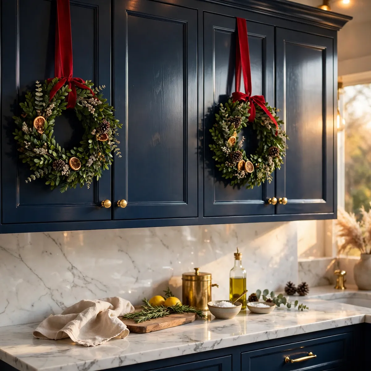 christmas kitchen decor ideas: Hang Mini Wreaths on Cabinet Doors