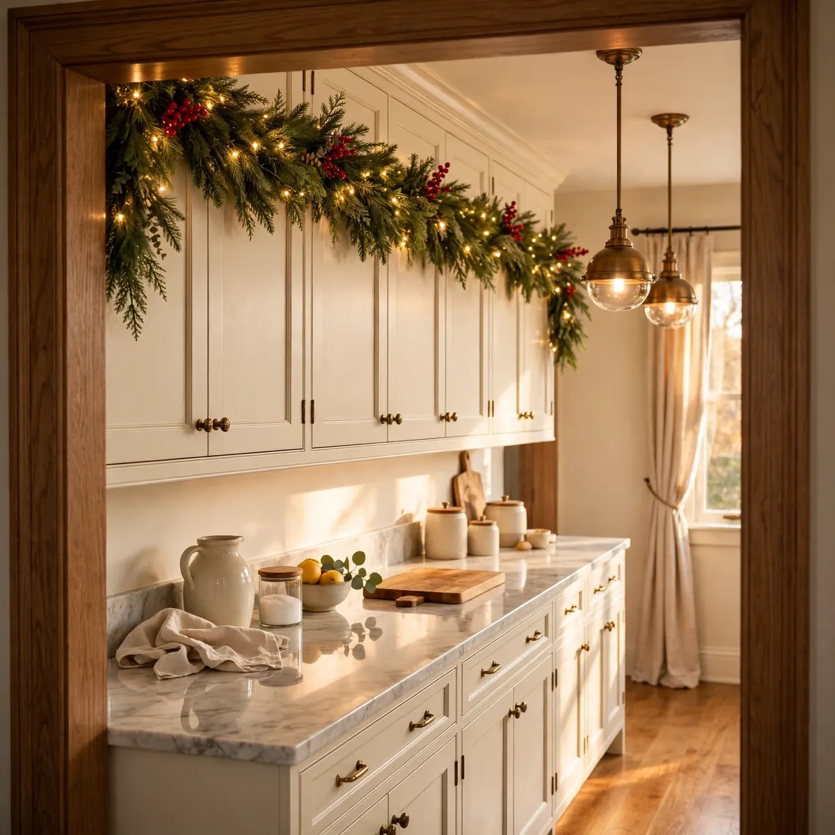 christmas kitchen decor ideas: Run Garland Above the Cabinets