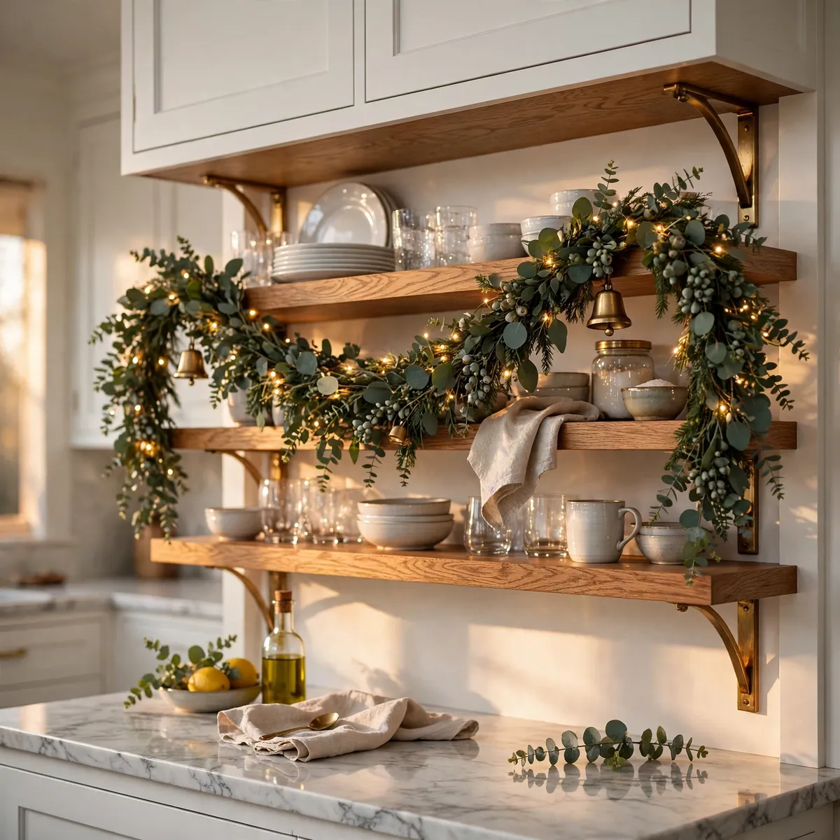 christmas kitchen decor ideas: Drape Garland Along Open Shelves