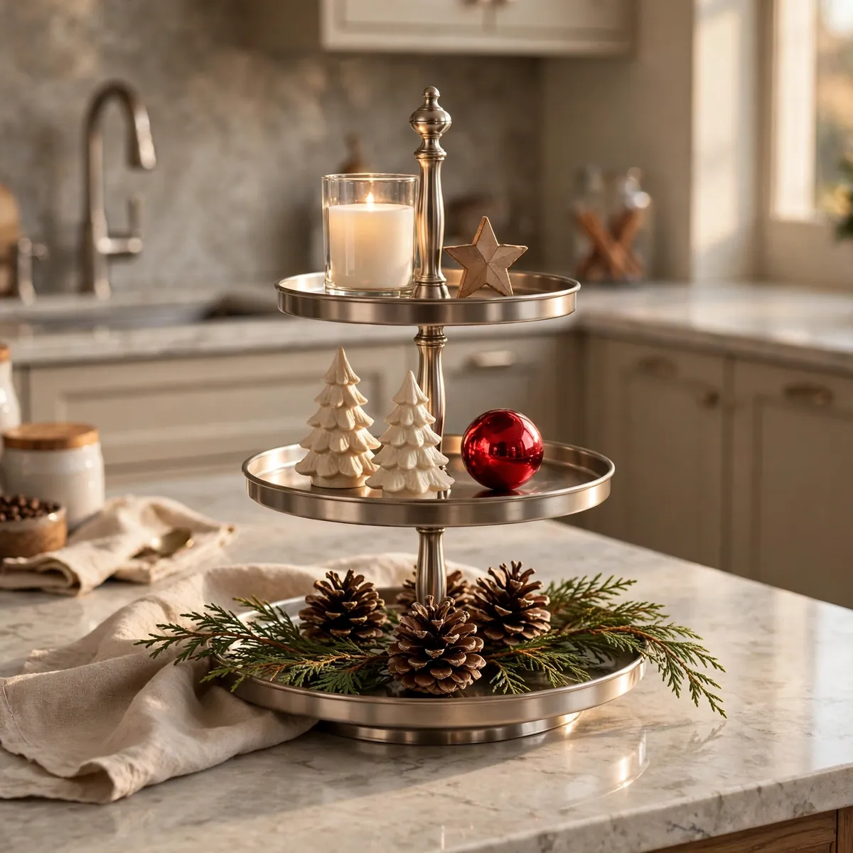 christmas kitchen decor ideas: Build a Tiered-Tray Vignette