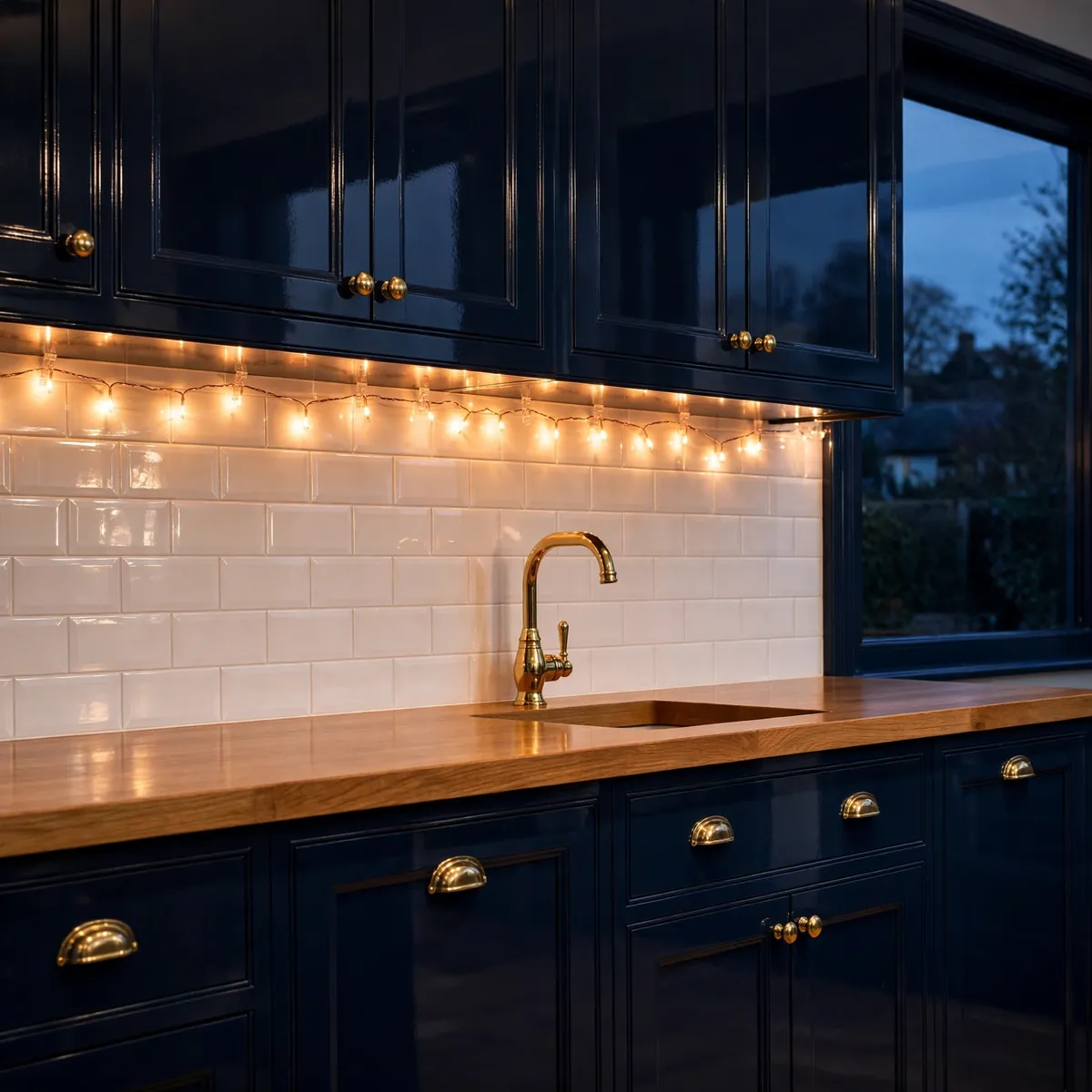 christmas kitchen decor ideas: String Fairy Lights Along the Backsplash