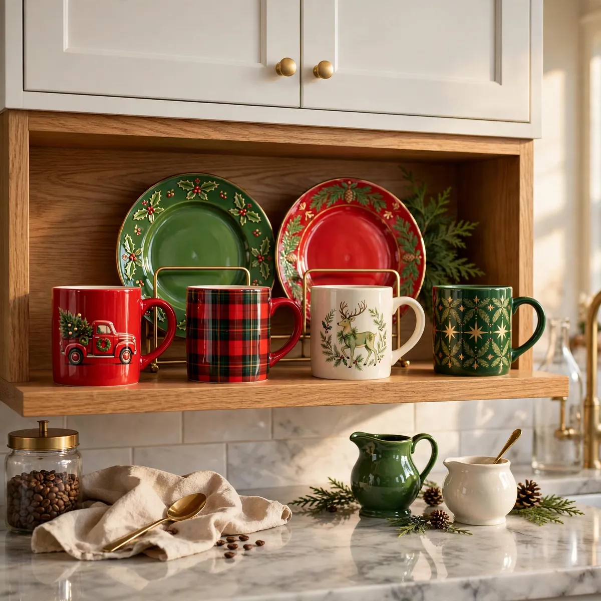 christmas kitchen decor ideas: Display Holiday Dishware on Open Shelves