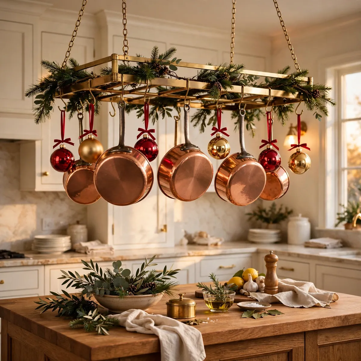 christmas kitchen decor ideas: Hang Ornaments From the Pot Rack
