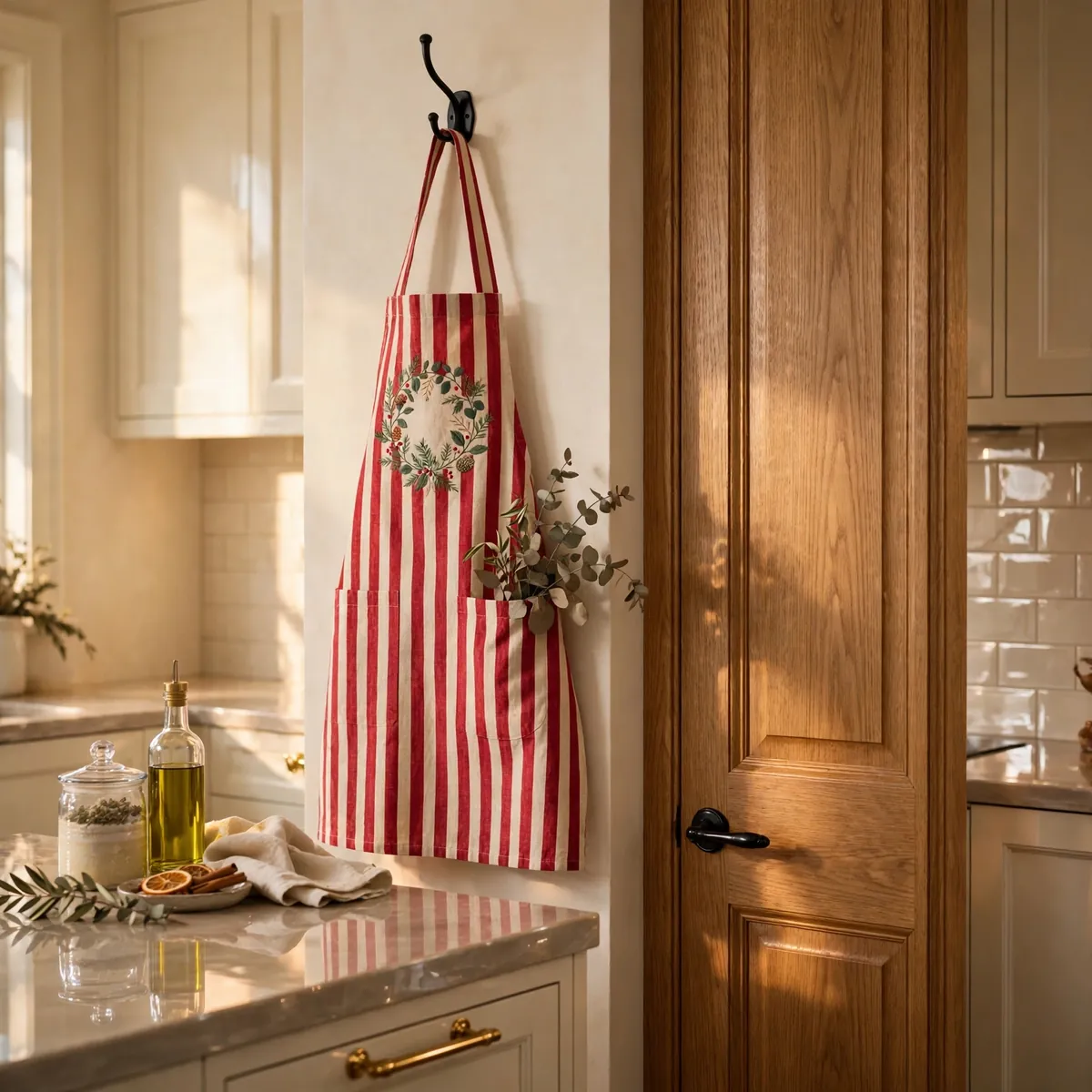 christmas kitchen decor ideas: Hang a Decorative Apron on a Hook