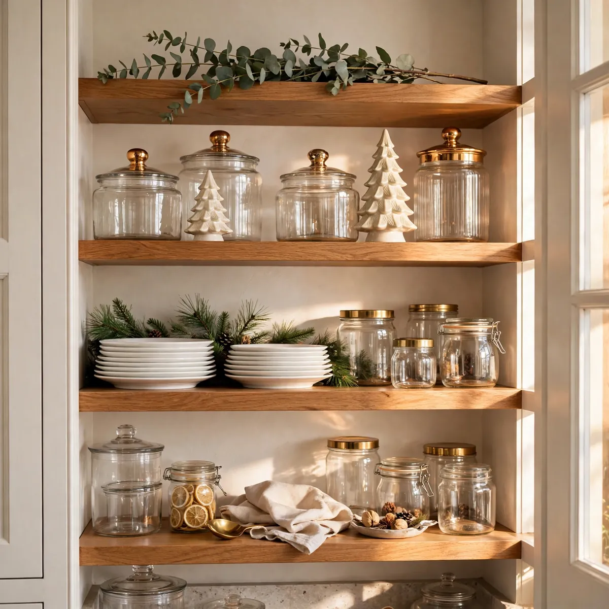 christmas kitchen decor ideas: Tuck Greenery Into the Pantry Shelves