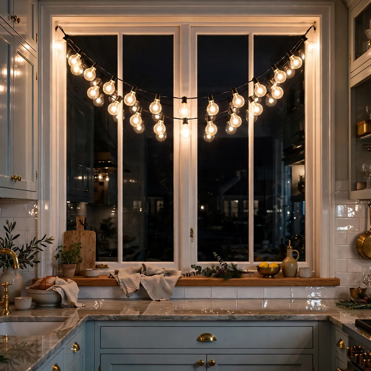 christmas kitchen decor ideas: Hang an Oversized Bulb String Across the Window
