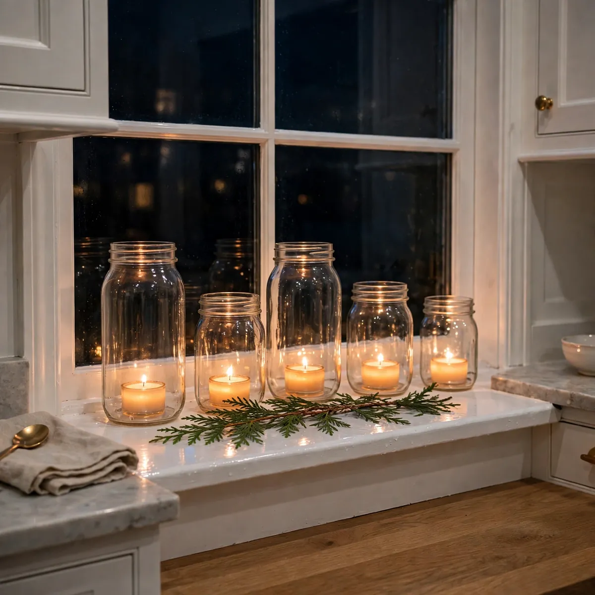 christmas kitchen decor ideas: Line the Windowsill With Candle Jars
