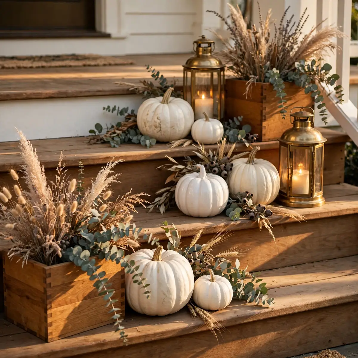 white pumpkin decor ideas: Terracotta Porch Planters with Cream Pumpkins