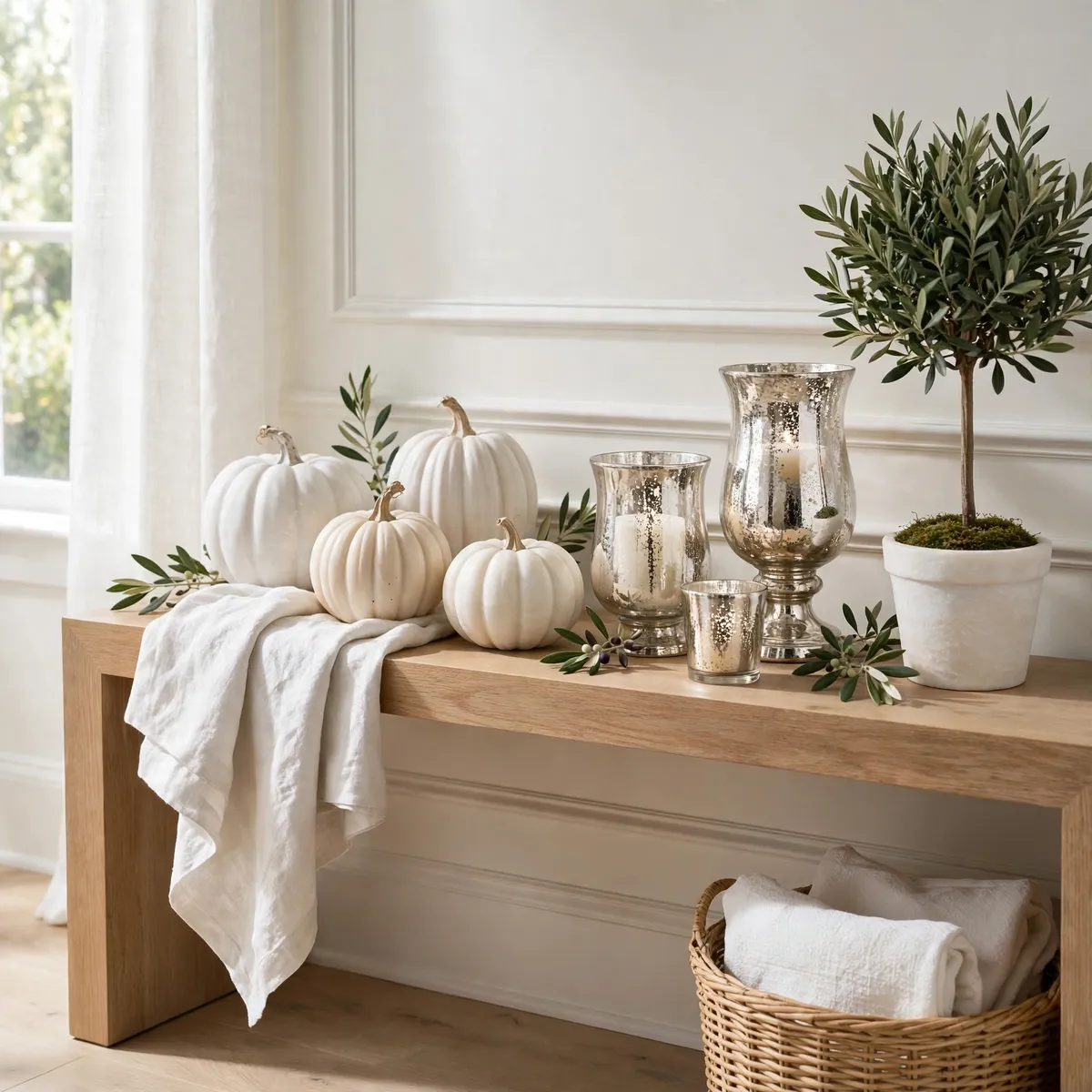 white pumpkin decor ideas: Brass-and-Navy Dining Table Centerpiece