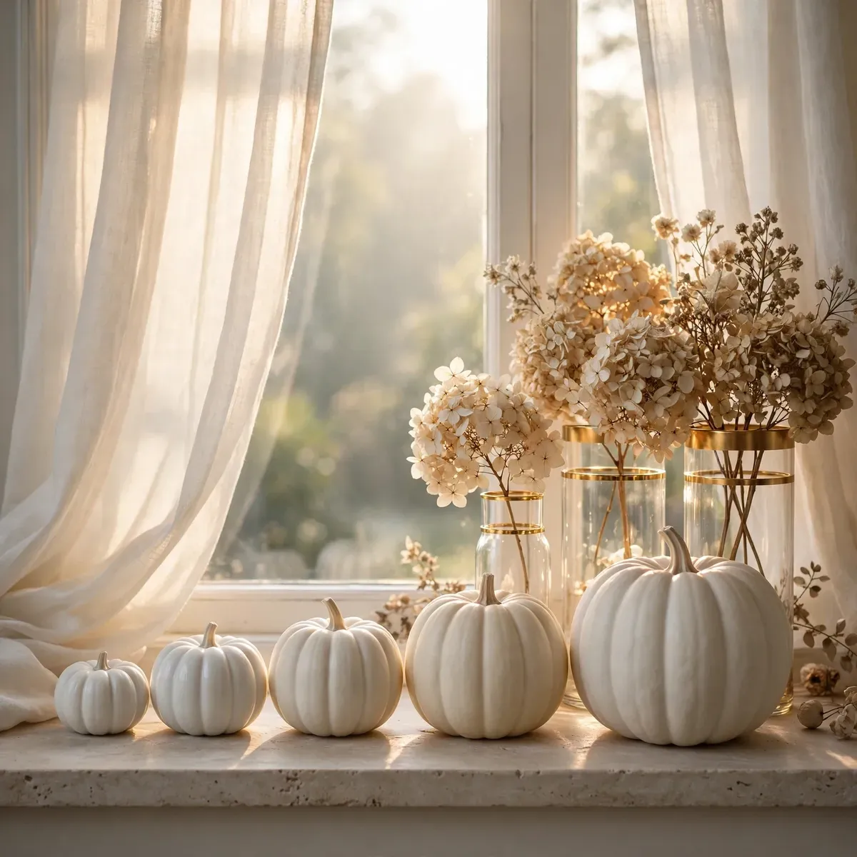 white pumpkin decor ideas: Single White Pumpkin Minimalist Vignette