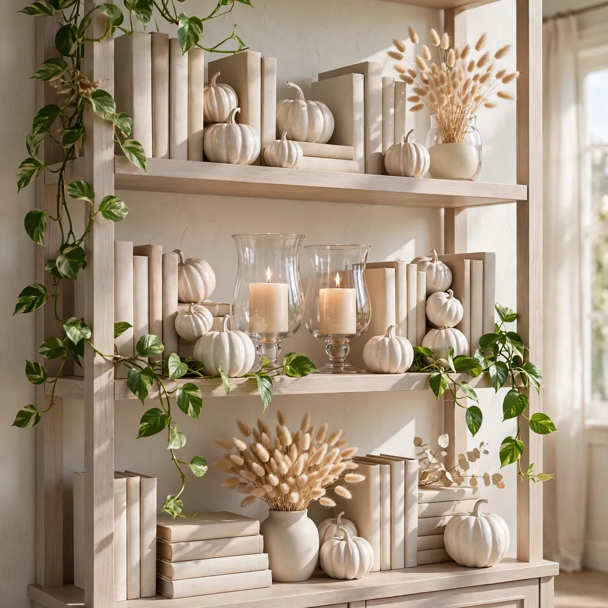 white pumpkin decor ideas: Cream Pumpkin and Greenery Wreath