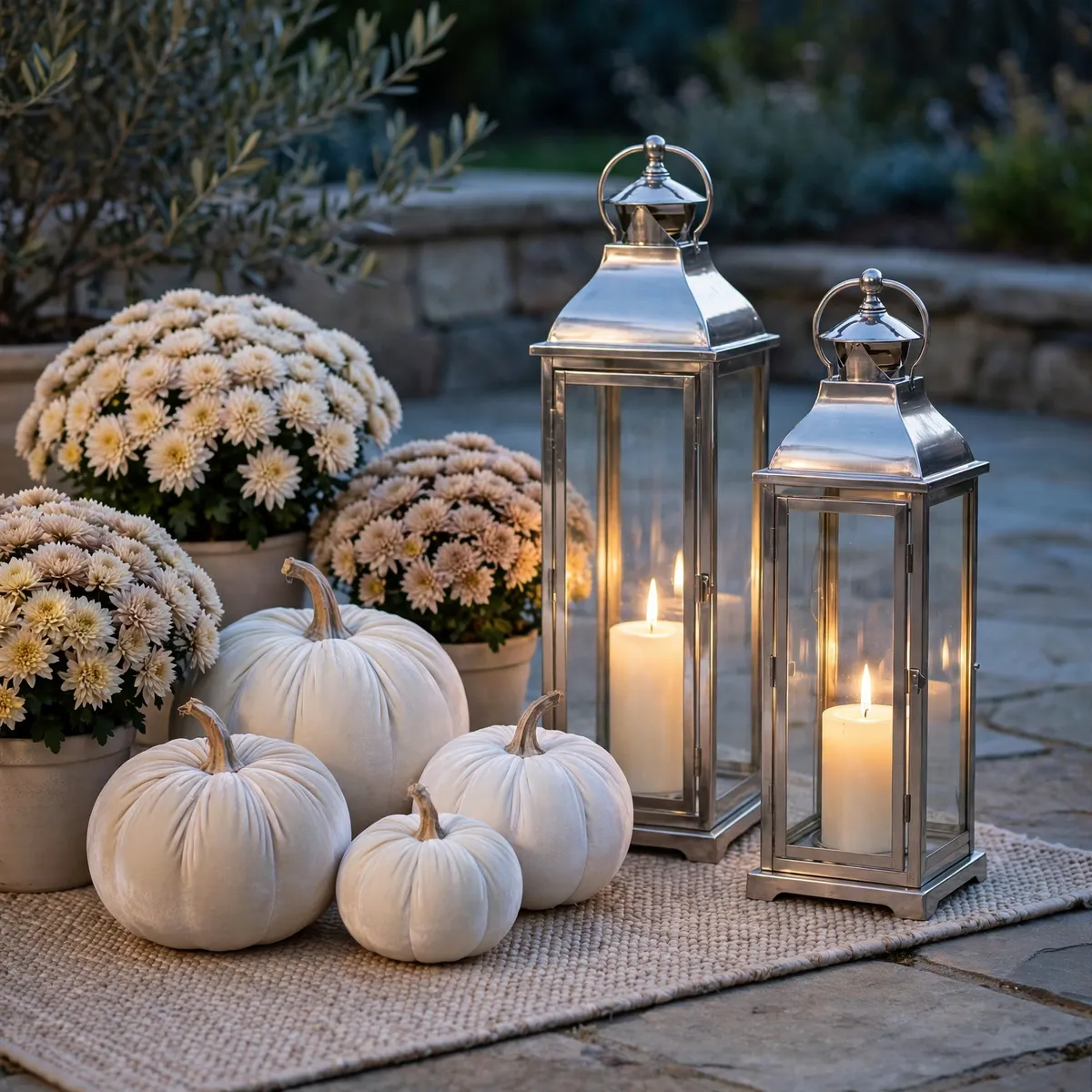 white pumpkin decor ideas: Stone-and-Cream Candlelit Cluster