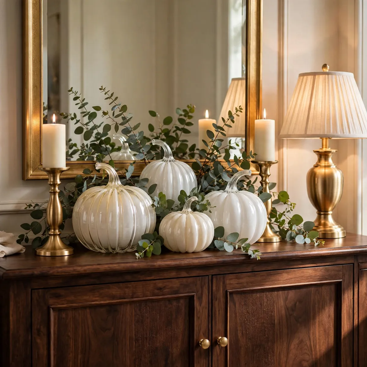 white pumpkin decor ideas: Staircase Garland with Eucalyptus and White Pumpkins