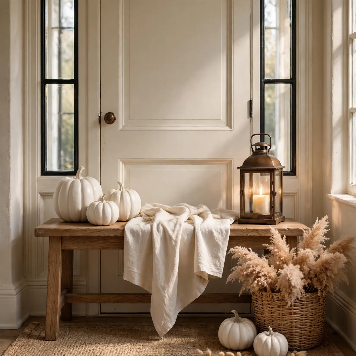 white pumpkin decor ideas: Brass Tray Coffee Table Arrangement