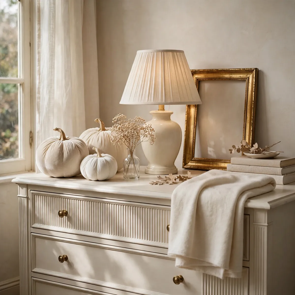 white pumpkin decor ideas: Dried Florals and Mustard-Toned Pumpkin Pairing