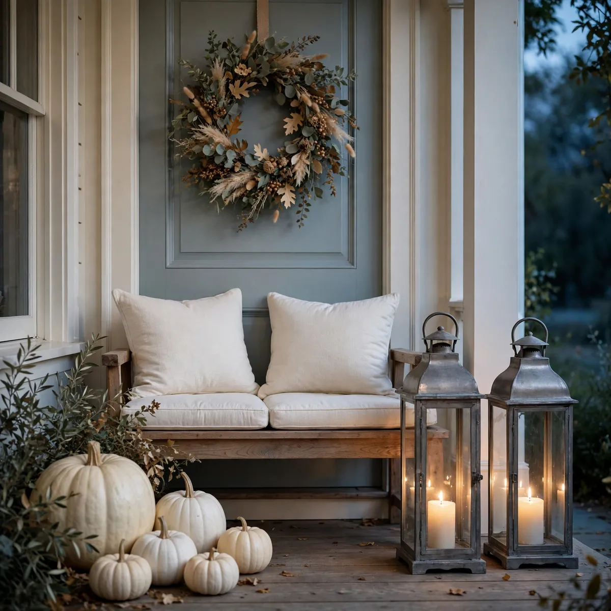 white pumpkin decor ideas: Soft Blue-Gray Bedroom Nightstand Accent