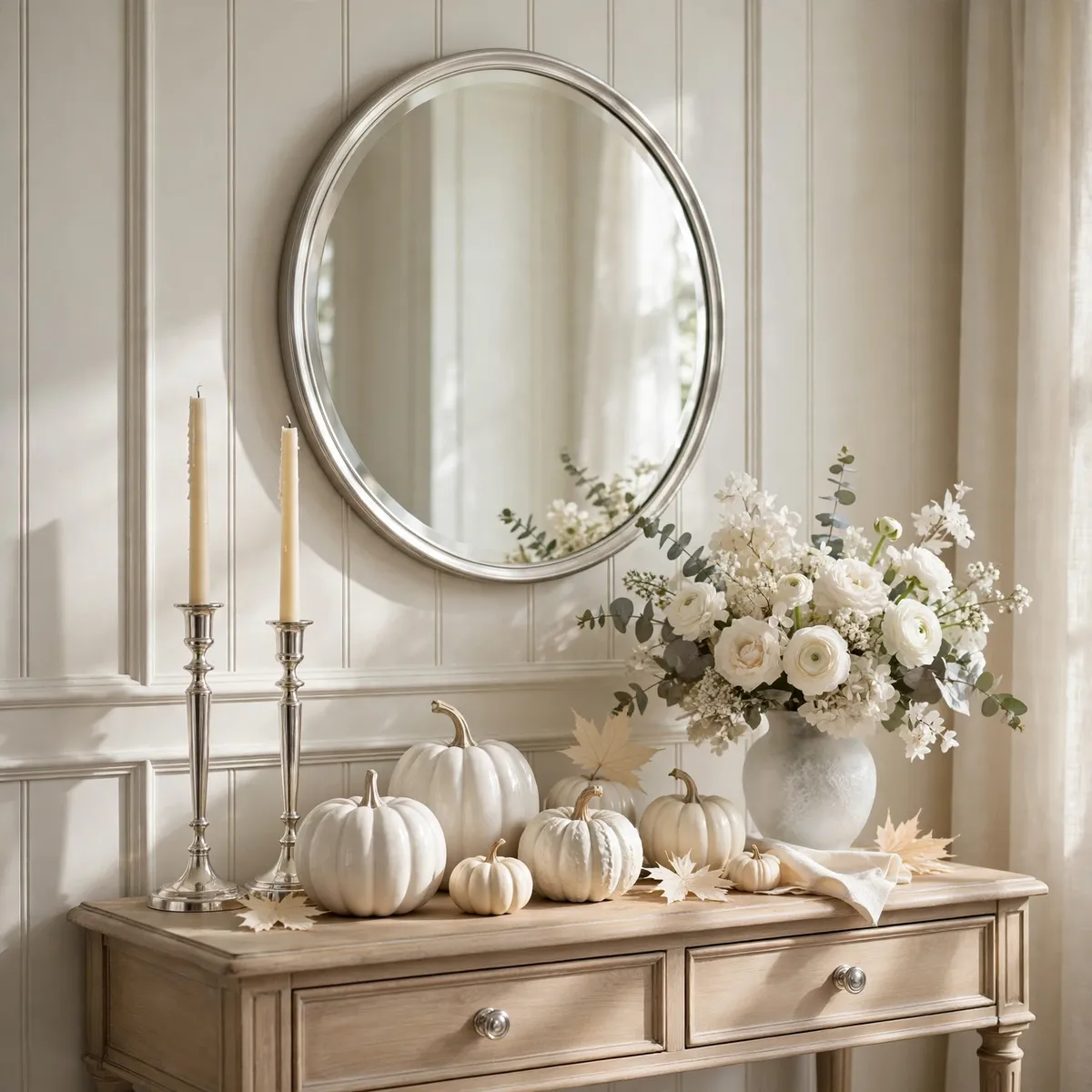 white pumpkin decor ideas: Warm Wood Bookshelf Styling