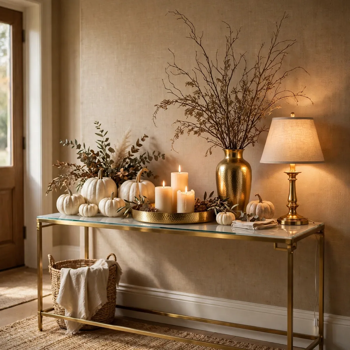 white pumpkin decor ideas: Charcoal Hearth with Amber Candlelight