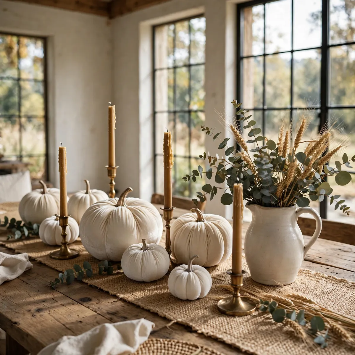 white pumpkin decor ideas: Porch Lanterns Paired with White Pumpkins and Mums