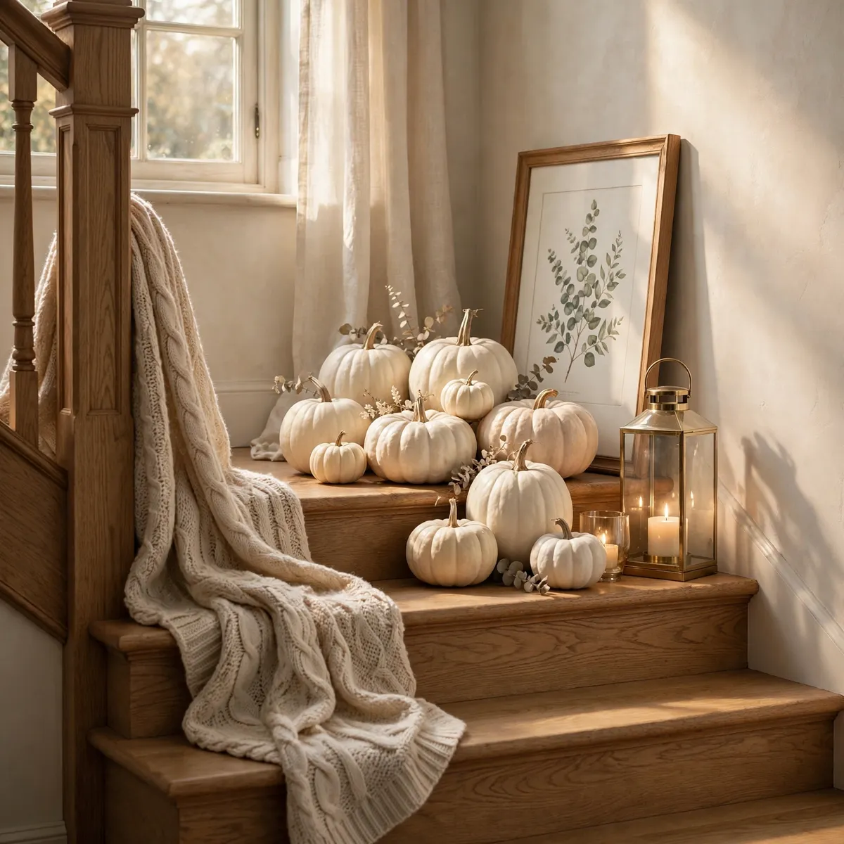 white pumpkin decor ideas: Gold-Dipped White Pumpkin Accents