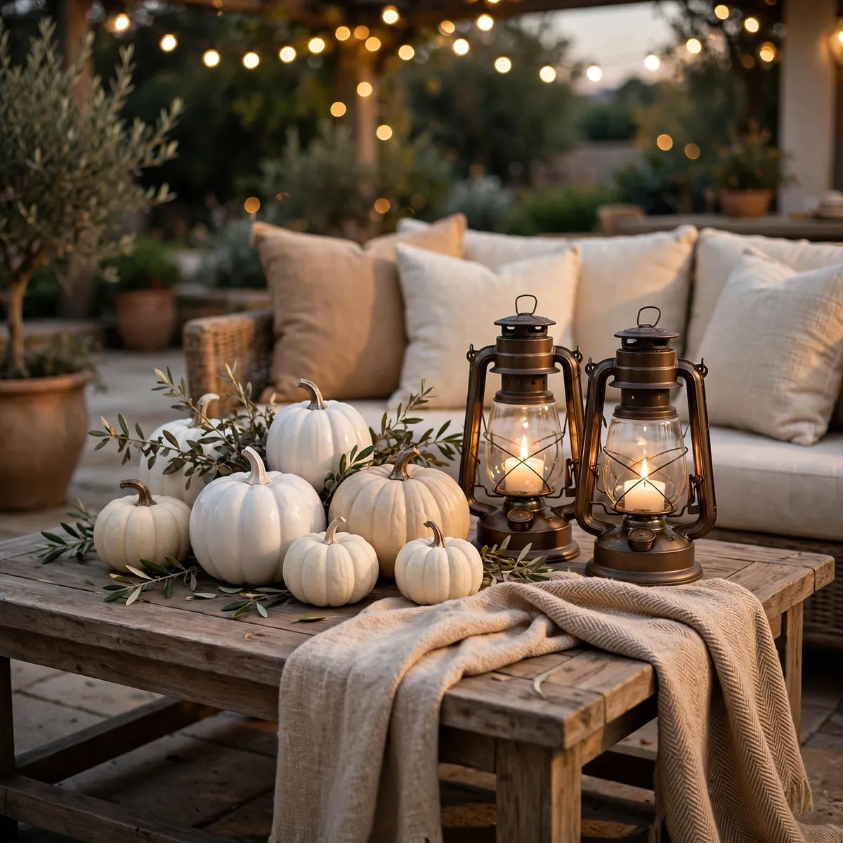 white pumpkin decor ideas: Cream Windowsill Row Behind Linen Curtains