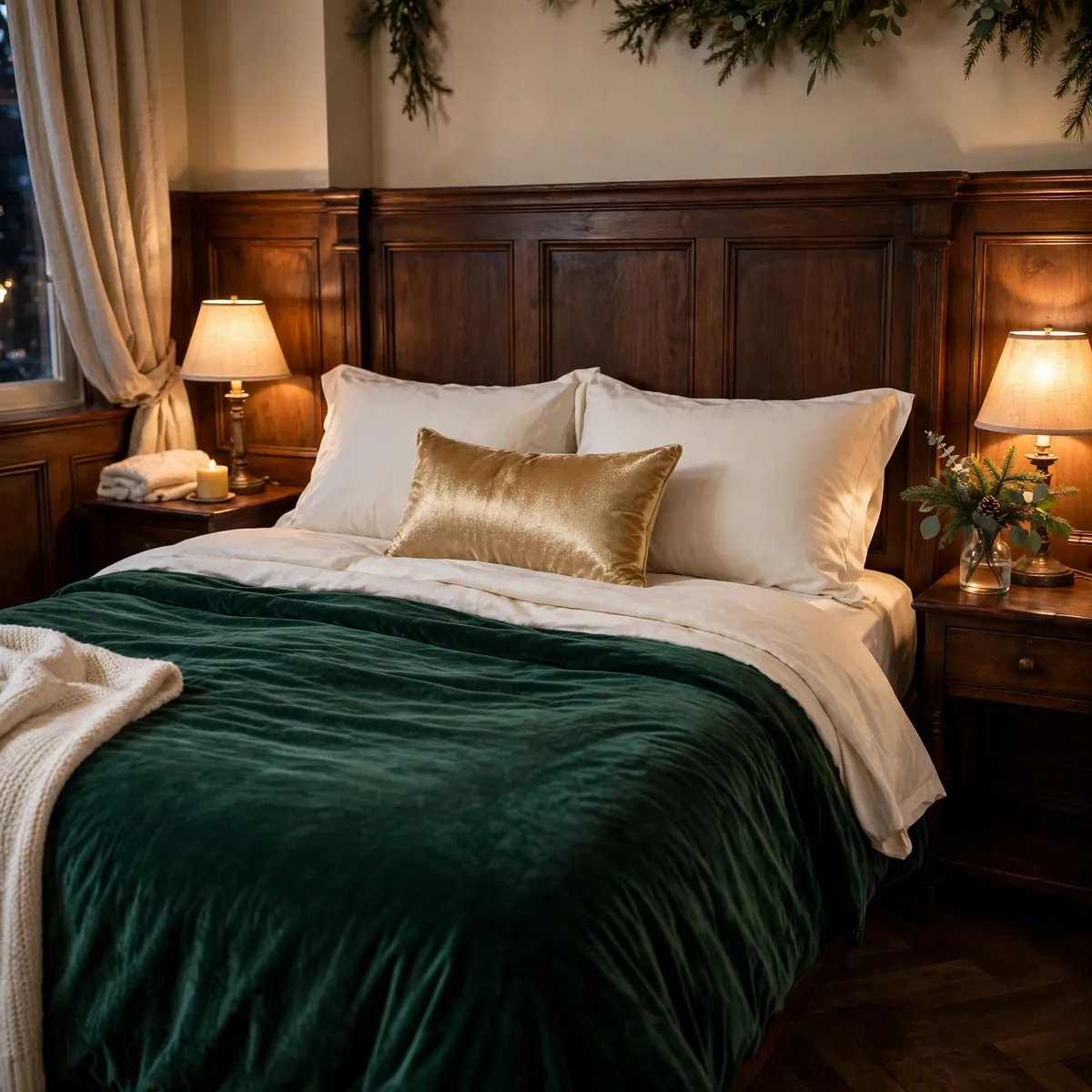 25 Cozy Christmas Bedroom Ideas to Make Your Room Feel Like a Holiday Retreat cozy christmas bedroom ideas: Wrap the Bed in Emerald Velvet