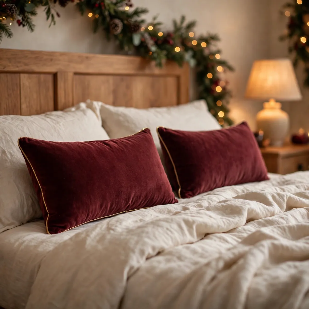 25 Cozy Christmas Bedroom Ideas to Make Your Room Feel Like a Holiday Retreat cozy christmas bedroom ideas: Add Burgundy Lumbar Pillows with Gold Piping