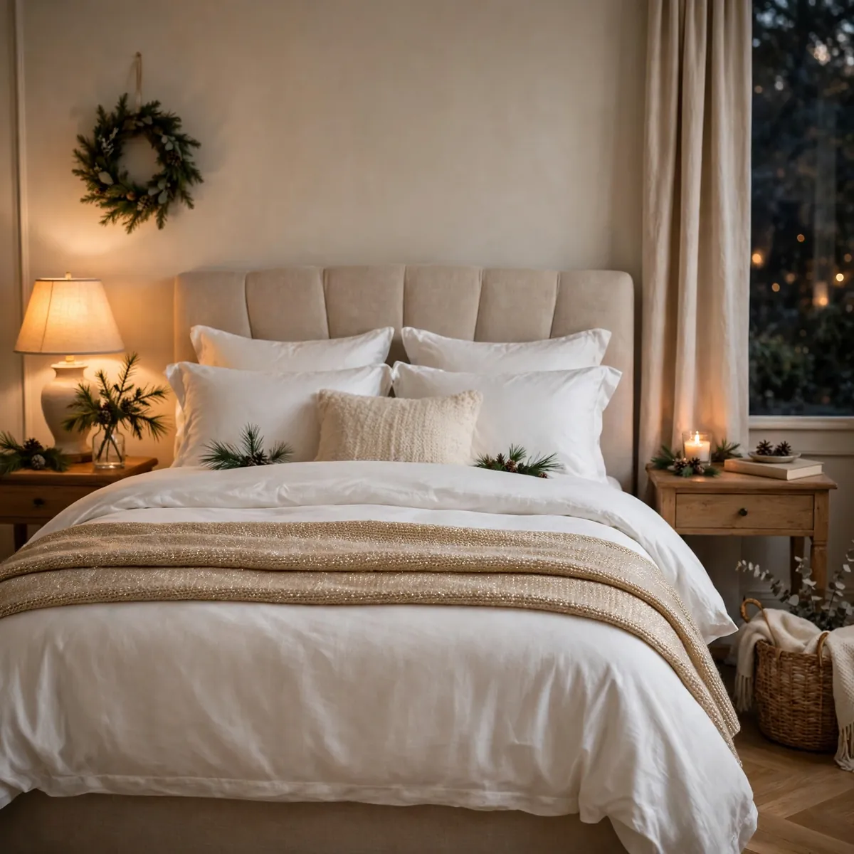 25 Cozy Christmas Bedroom Ideas to Make Your Room Feel Like a Holiday Retreat cozy christmas bedroom ideas: Drape a Champagne Gold Throw at the Foot of the Bed