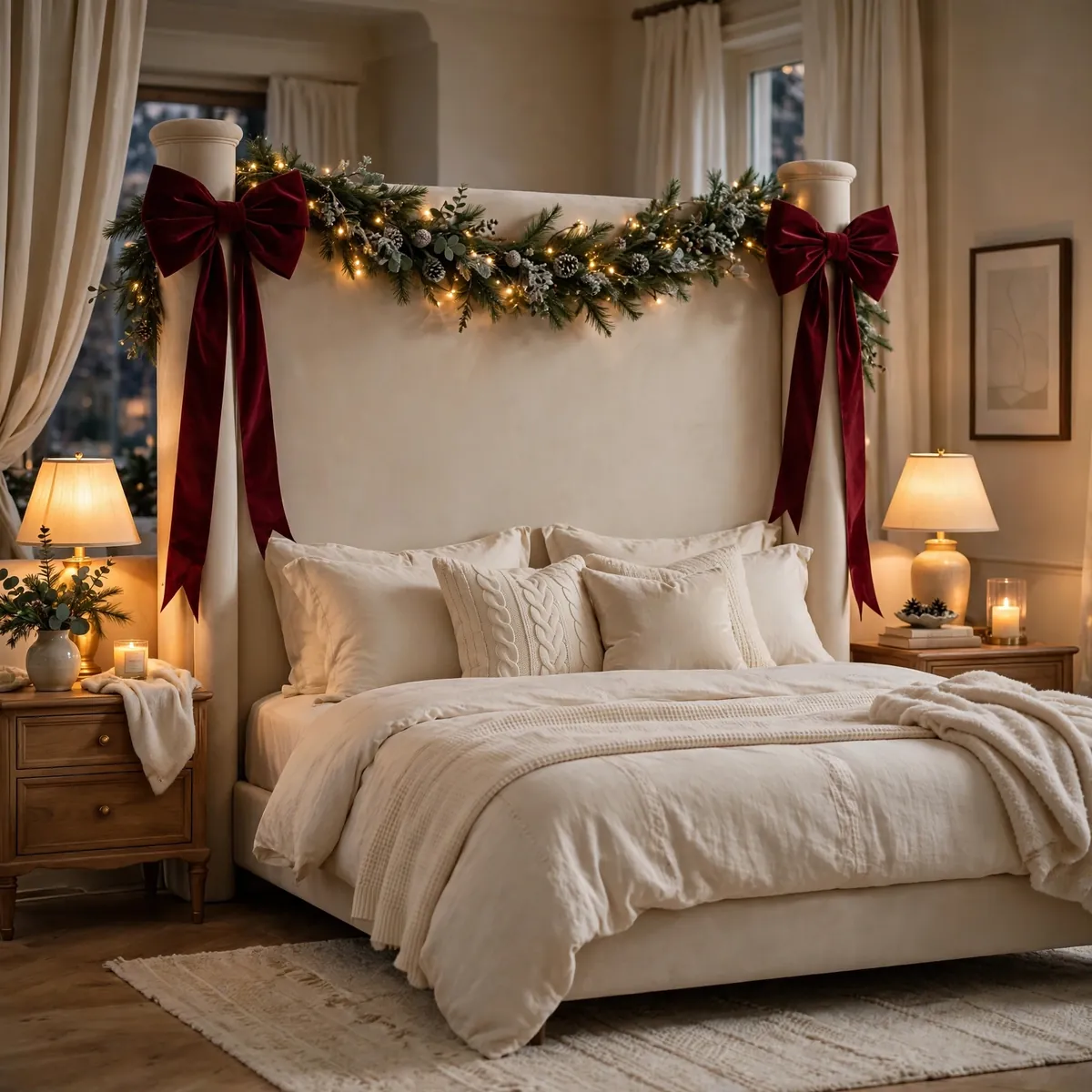 25 Cozy Christmas Bedroom Ideas to Make Your Room Feel Like a Holiday Retreat cozy christmas bedroom ideas: Tie Oversized Velvet Bows to the Headboard