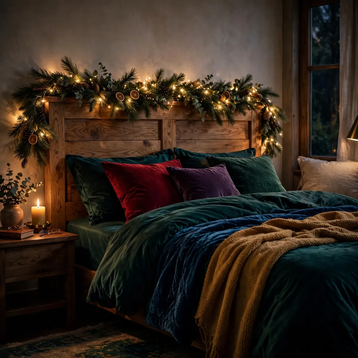25 Cozy Christmas Bedroom Ideas to Make Your Room Feel Like a Holiday Retreat cozy christmas bedroom ideas: Weave Warm Fairy Lights Through a Headboard Garland