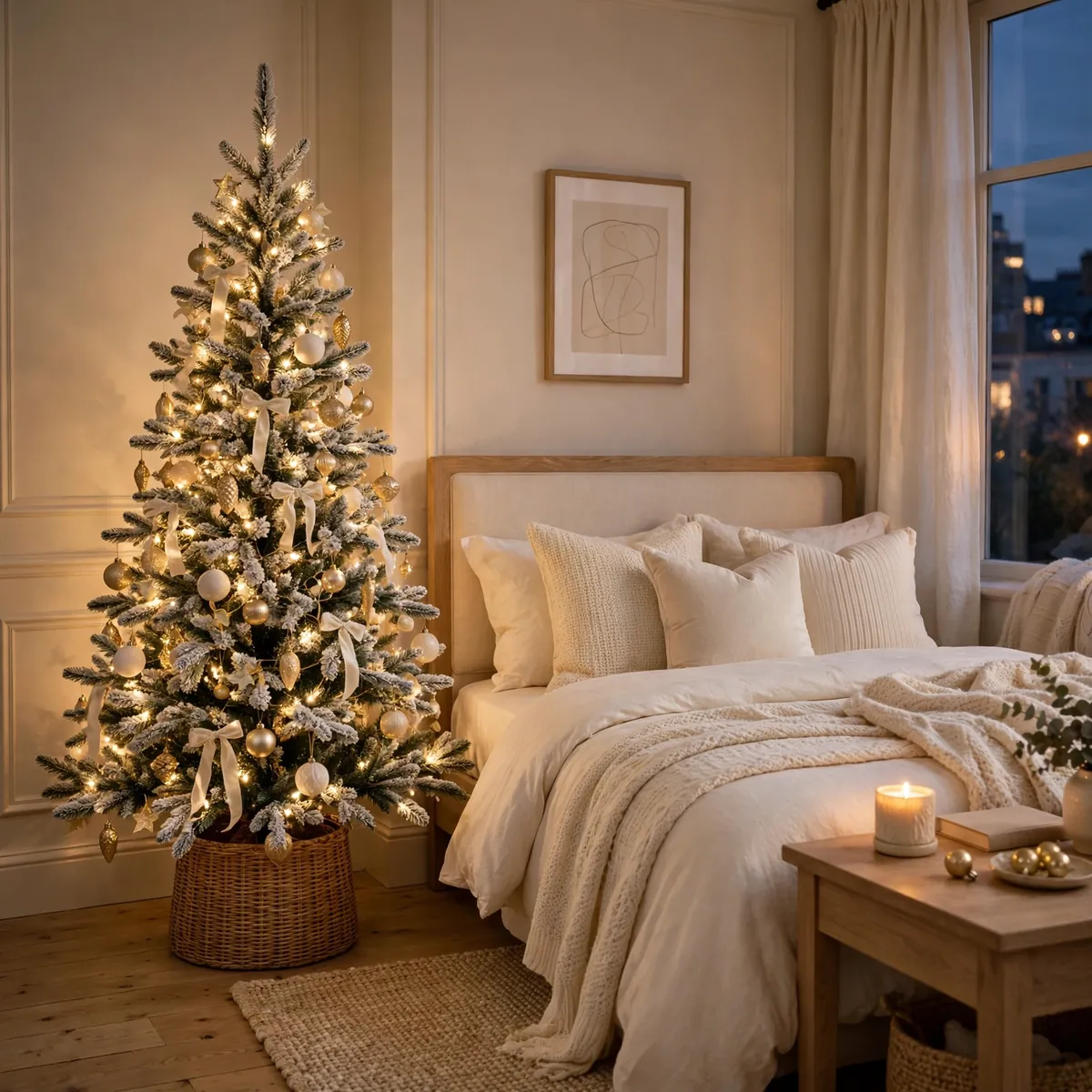 25 Cozy Christmas Bedroom Ideas to Make Your Room Feel Like a Holiday Retreat cozy christmas bedroom ideas: Place a Slim Flocked Tree in the Bedroom Corner