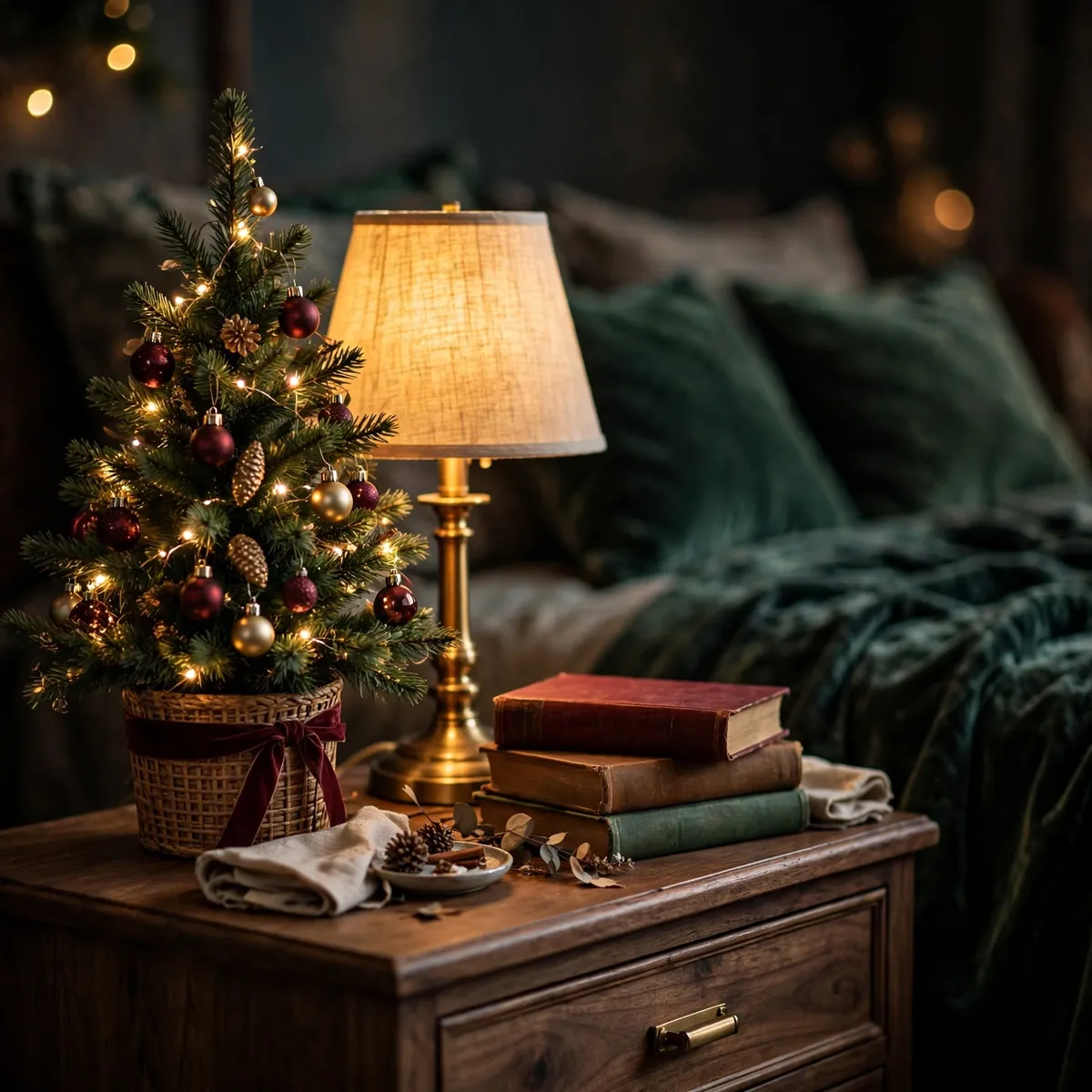 25 Cozy Christmas Bedroom Ideas to Make Your Room Feel Like a Holiday Retreat cozy christmas bedroom ideas: Style a Mini Tabletop Tree on the Nightstand