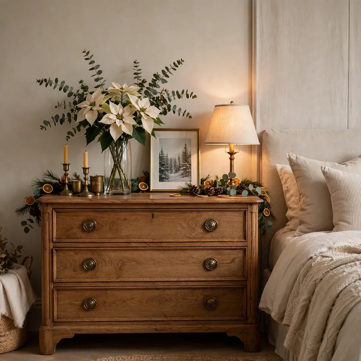 25 Cozy Christmas Bedroom Ideas to Make Your Room Feel Like a Holiday Retreat cozy christmas bedroom ideas: Fill a Vase with Ivory Poinsettia Stems on the Dresser