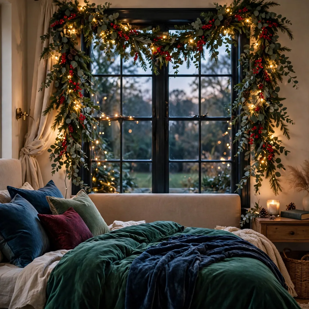 25 Cozy Christmas Bedroom Ideas to Make Your Room Feel Like a Holiday Retreat cozy christmas bedroom ideas: Hang a Eucalyptus and Berry Garland Over the Window
