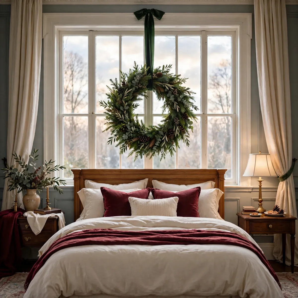 25 Cozy Christmas Bedroom Ideas to Make Your Room Feel Like a Holiday Retreat cozy christmas bedroom ideas: Dress the Window with a Wreath and Velvet Ribbon