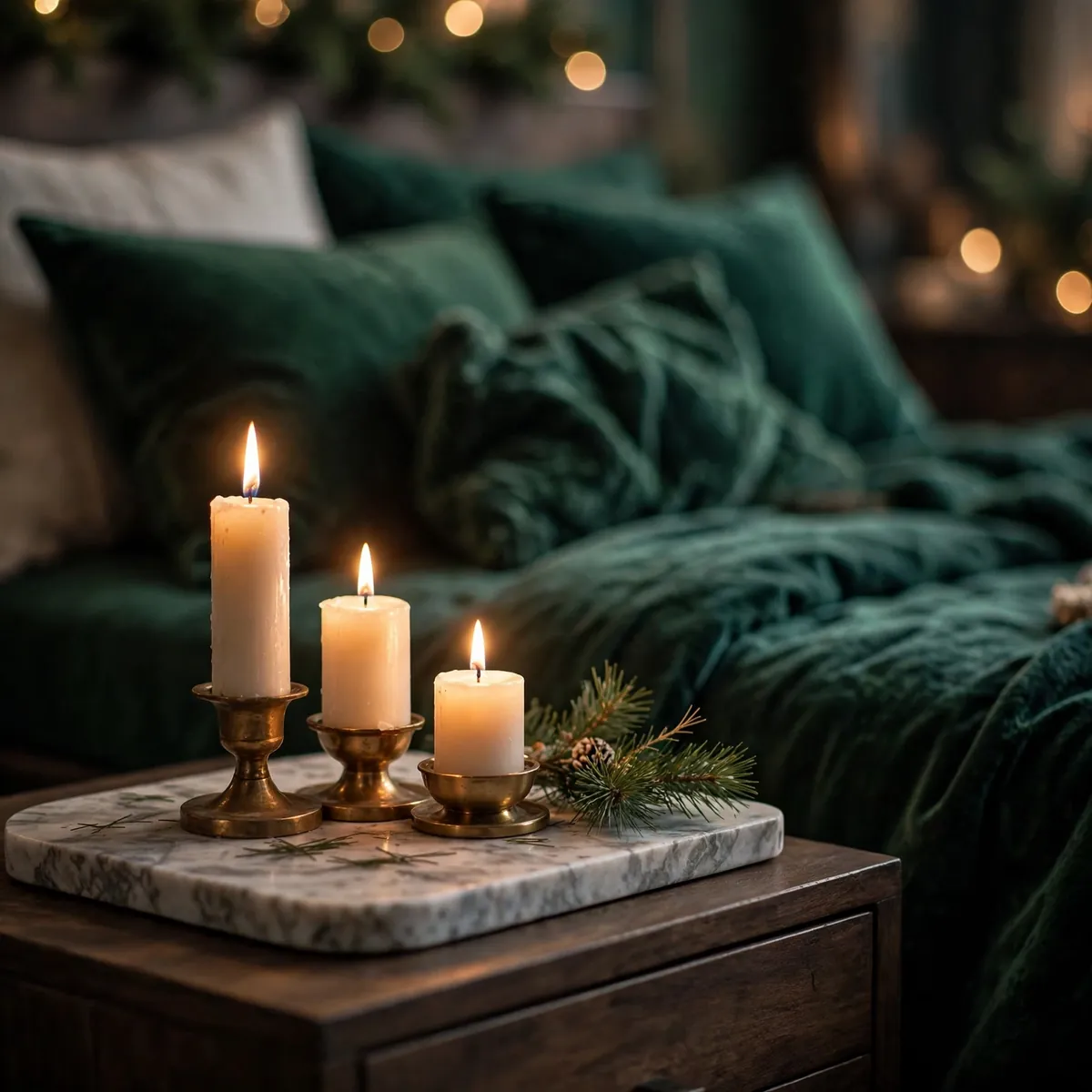 25 Cozy Christmas Bedroom Ideas to Make Your Room Feel Like a Holiday Retreat cozy christmas bedroom ideas: Cluster Candles on the Nightstand for a Warm Glow