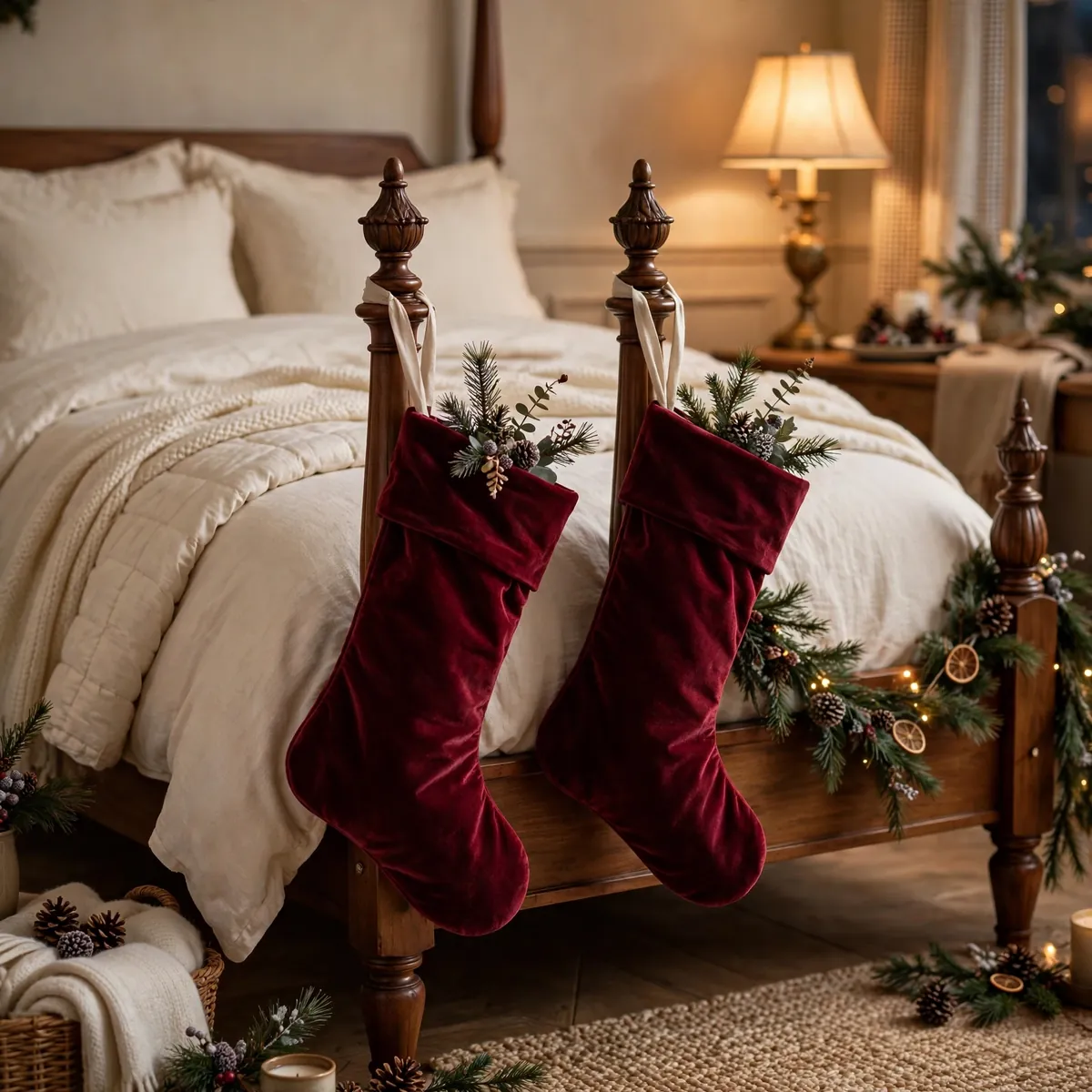 25 Cozy Christmas Bedroom Ideas to Make Your Room Feel Like a Holiday Retreat cozy christmas bedroom ideas: Hang Velvet Stockings from the Bedposts