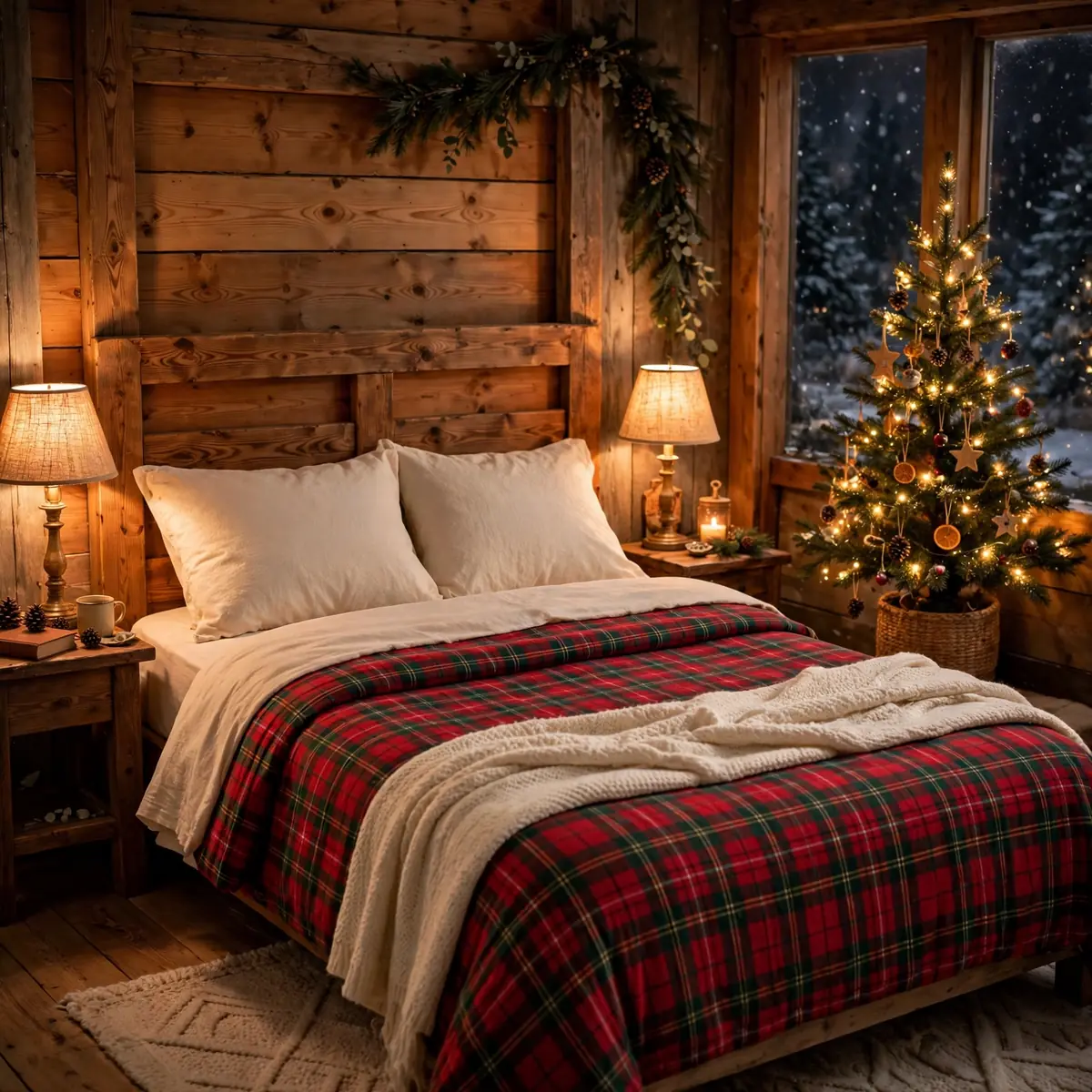 25 Cozy Christmas Bedroom Ideas to Make Your Room Feel Like a Holiday Retreat cozy christmas bedroom ideas: Layer Plaid Flannel Bedding for Nostalgic Warmth