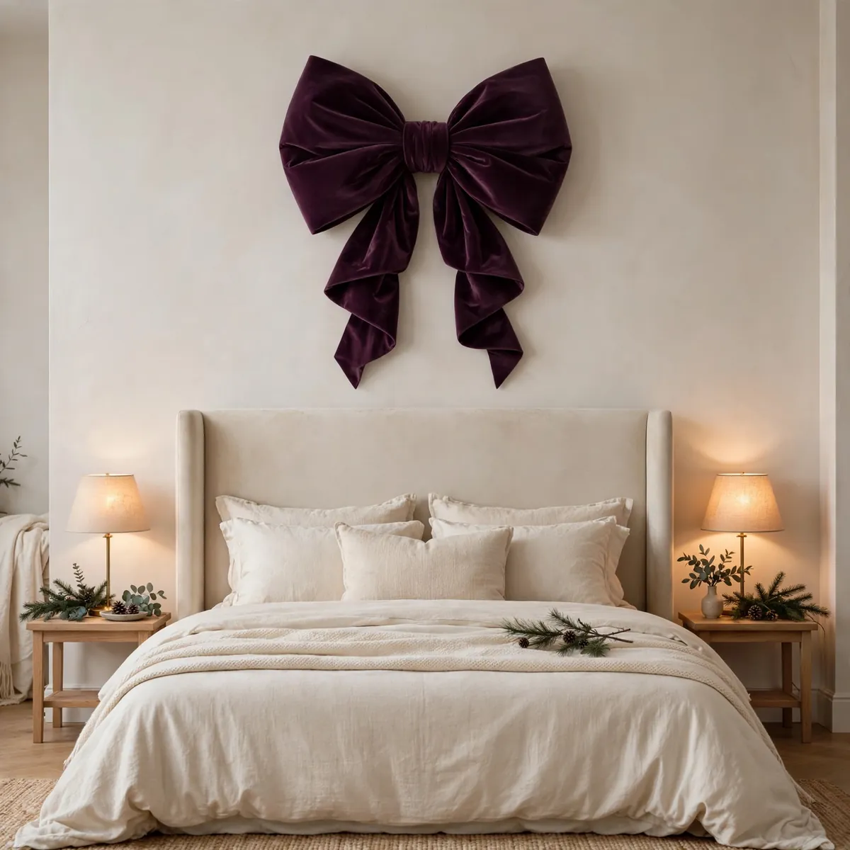 25 Cozy Christmas Bedroom Ideas to Make Your Room Feel Like a Holiday Retreat cozy christmas bedroom ideas: Hang an Oversized Bow Above the Bed as Wall Art