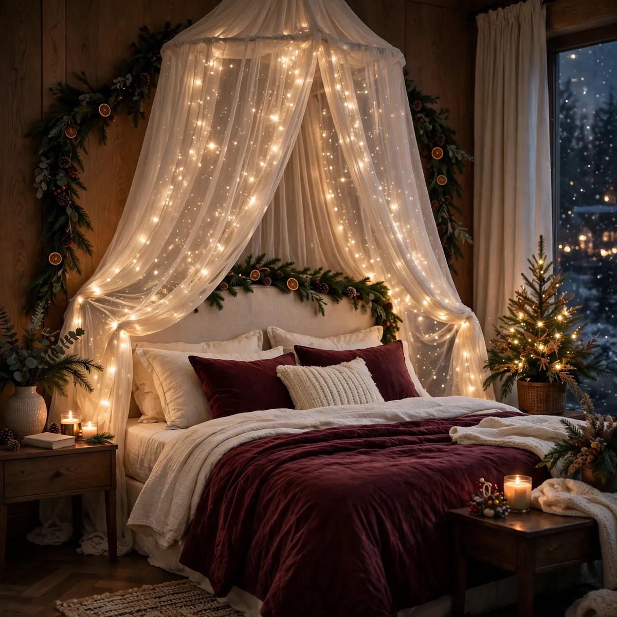 25 Cozy Christmas Bedroom Ideas to Make Your Room Feel Like a Holiday Retreat cozy christmas bedroom ideas: Drape a Lit Canopy Over the Headboard