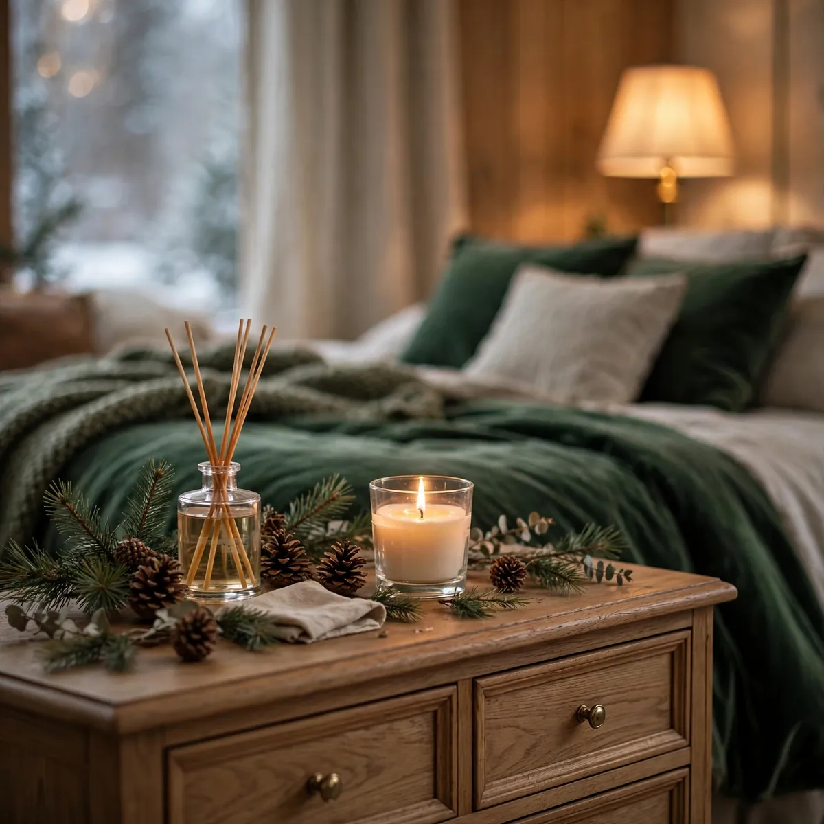 25 Cozy Christmas Bedroom Ideas to Make Your Room Feel Like a Holiday Retreat cozy christmas bedroom ideas: Scent the Room with Pine and Vanilla