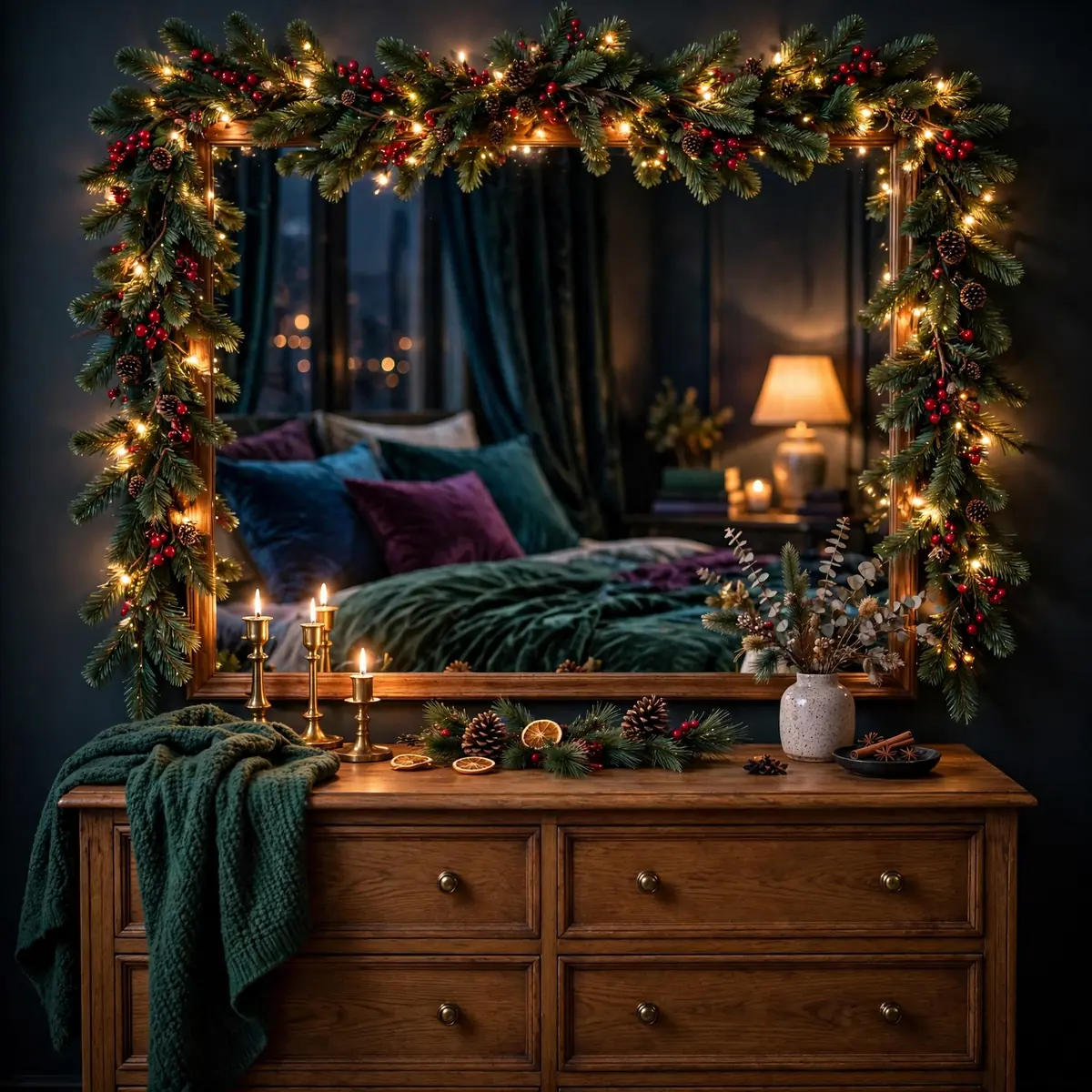 25 Cozy Christmas Bedroom Ideas to Make Your Room Feel Like a Holiday Retreat cozy christmas bedroom ideas: Wrap Garland Around the Bedroom Mirror
