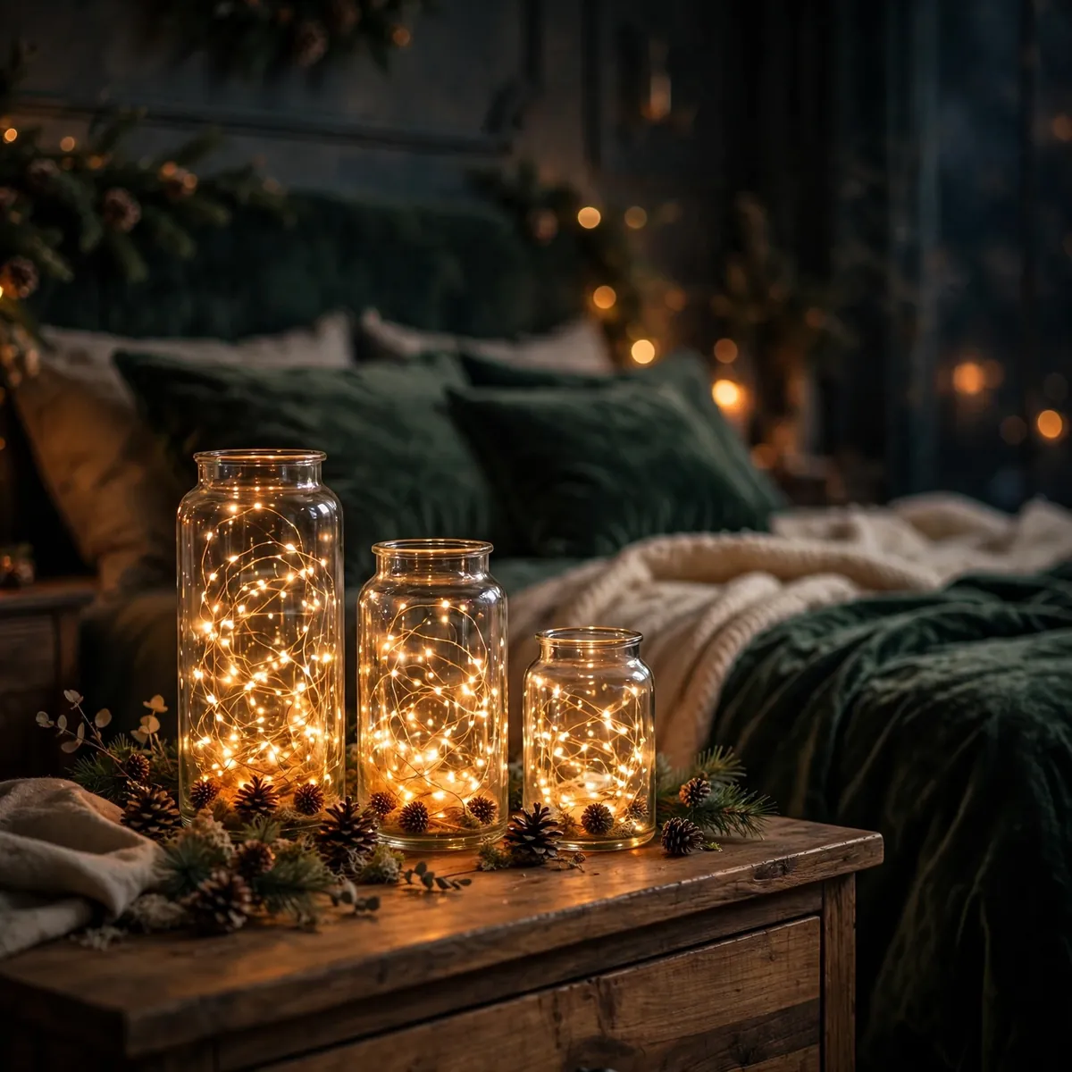 25 Cozy Christmas Bedroom Ideas to Make Your Room Feel Like a Holiday Retreat cozy christmas bedroom ideas: Set Amber String Lights in Glass Jars