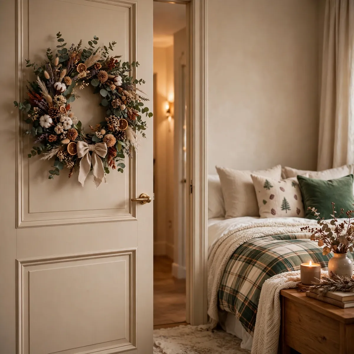 25 Cozy Christmas Bedroom Ideas to Make Your Room Feel Like a Holiday Retreat cozy christmas bedroom ideas: Hang a Botanical Wreath on the Bedroom Door