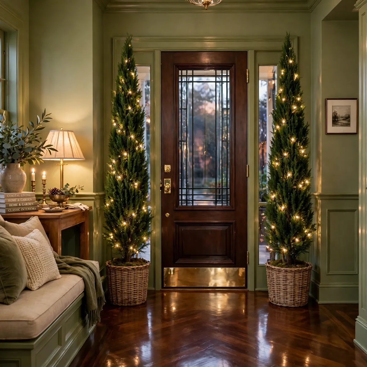 christmas entryway decor ideas: Flanked Evergreens in Baskets at the Threshold
