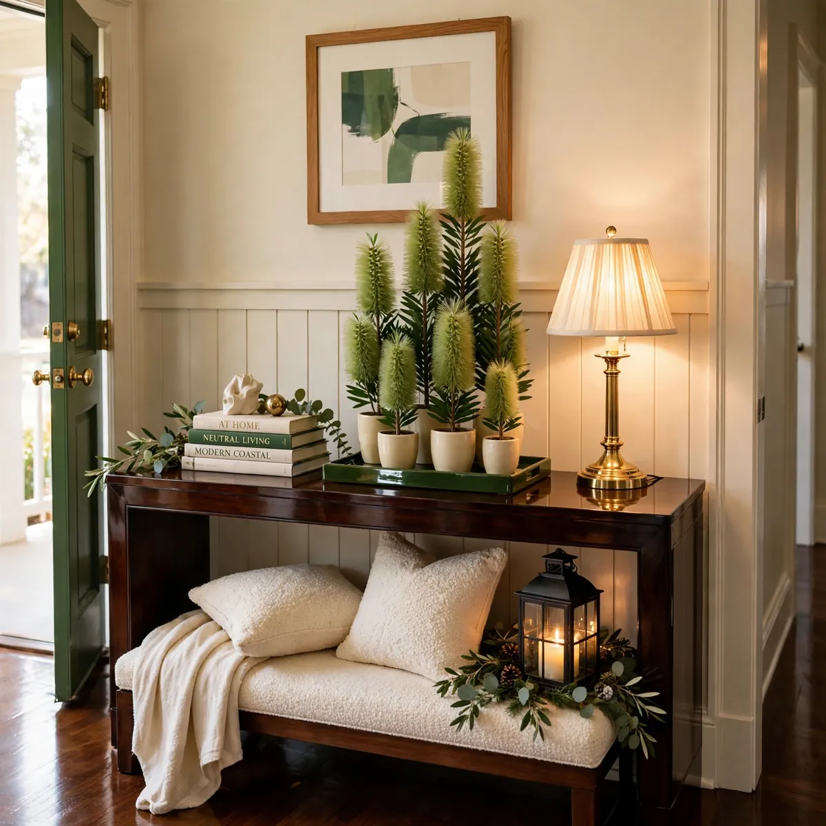 christmas entryway decor ideas: A Bottlebrush Tree Cluster in Varying Heights