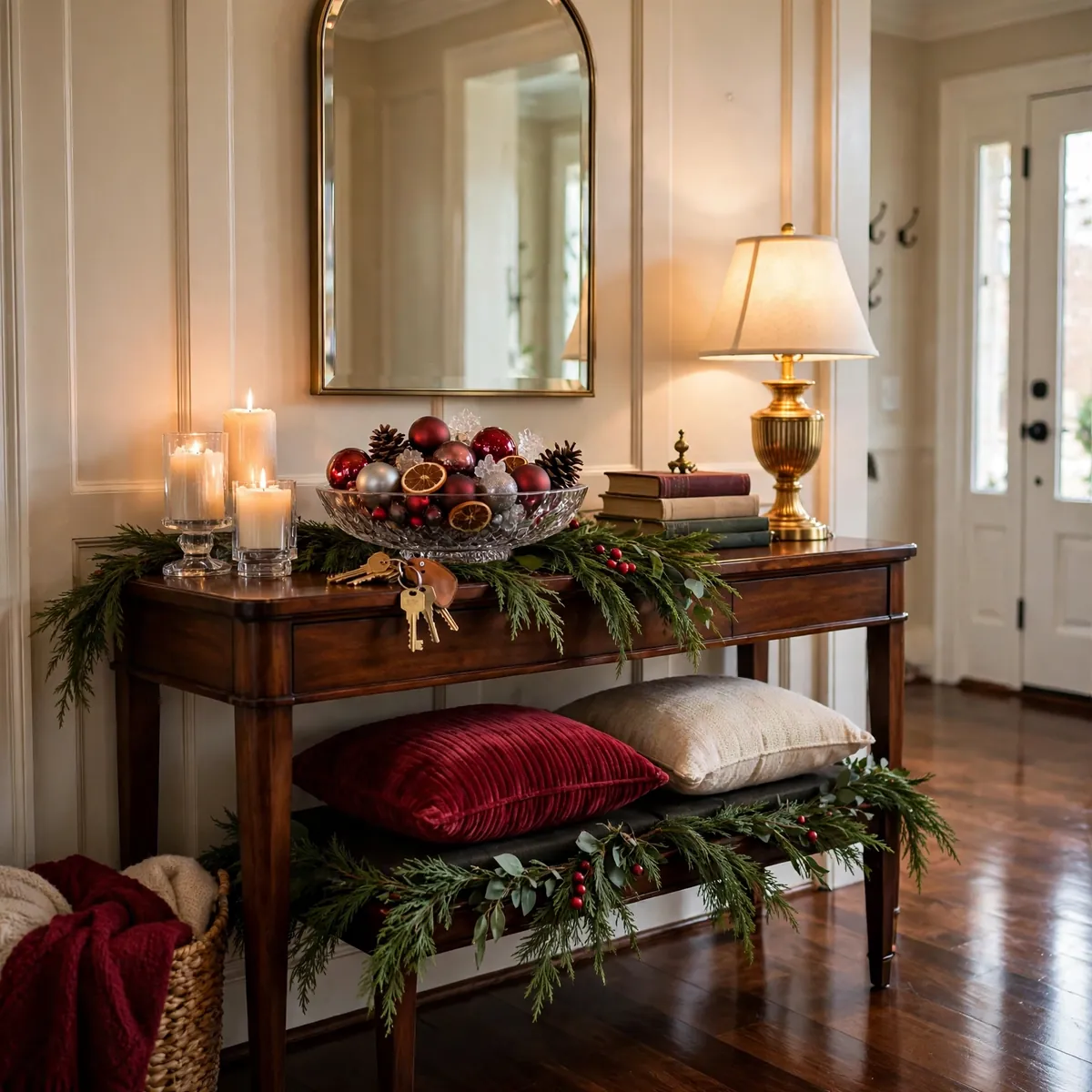 christmas entryway decor ideas: A Bowl of Ornaments as the Easiest Centerpiece
