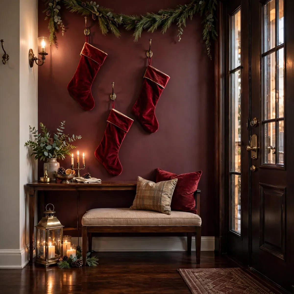 christmas entryway decor ideas: Stockings Hung Where There Is No Mantel